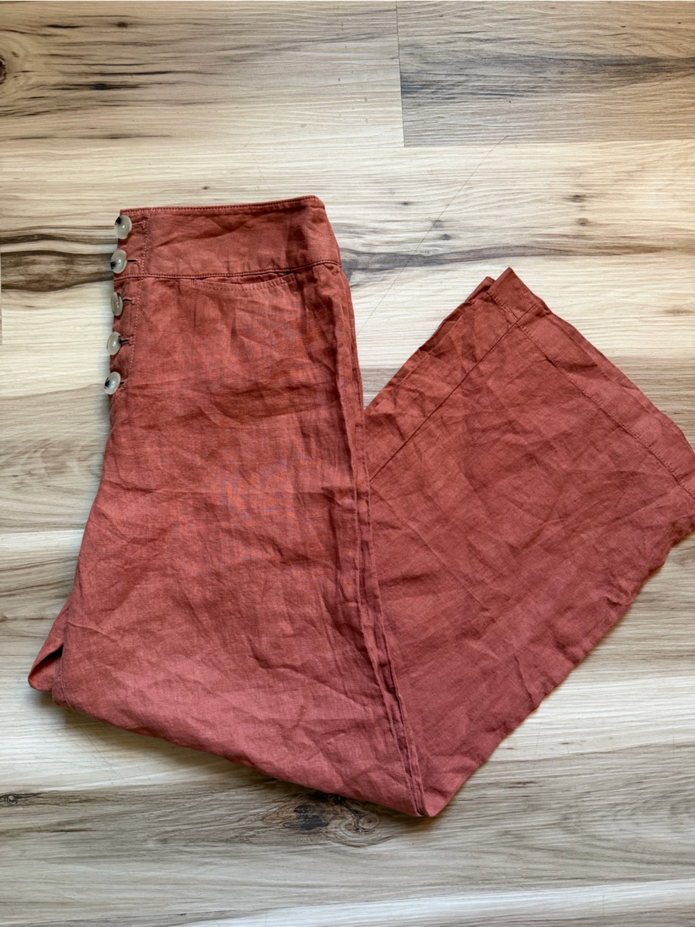 Lou & Grey Women’s 10 100% Linen Cropped Wide Leg Pants Rust Button Front